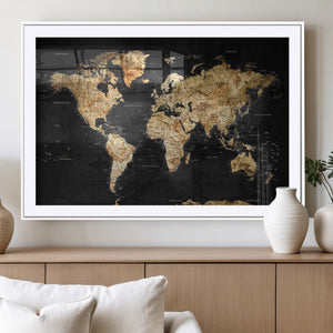 World Map Canvas Wall Art with Famous Landmarks – Framed