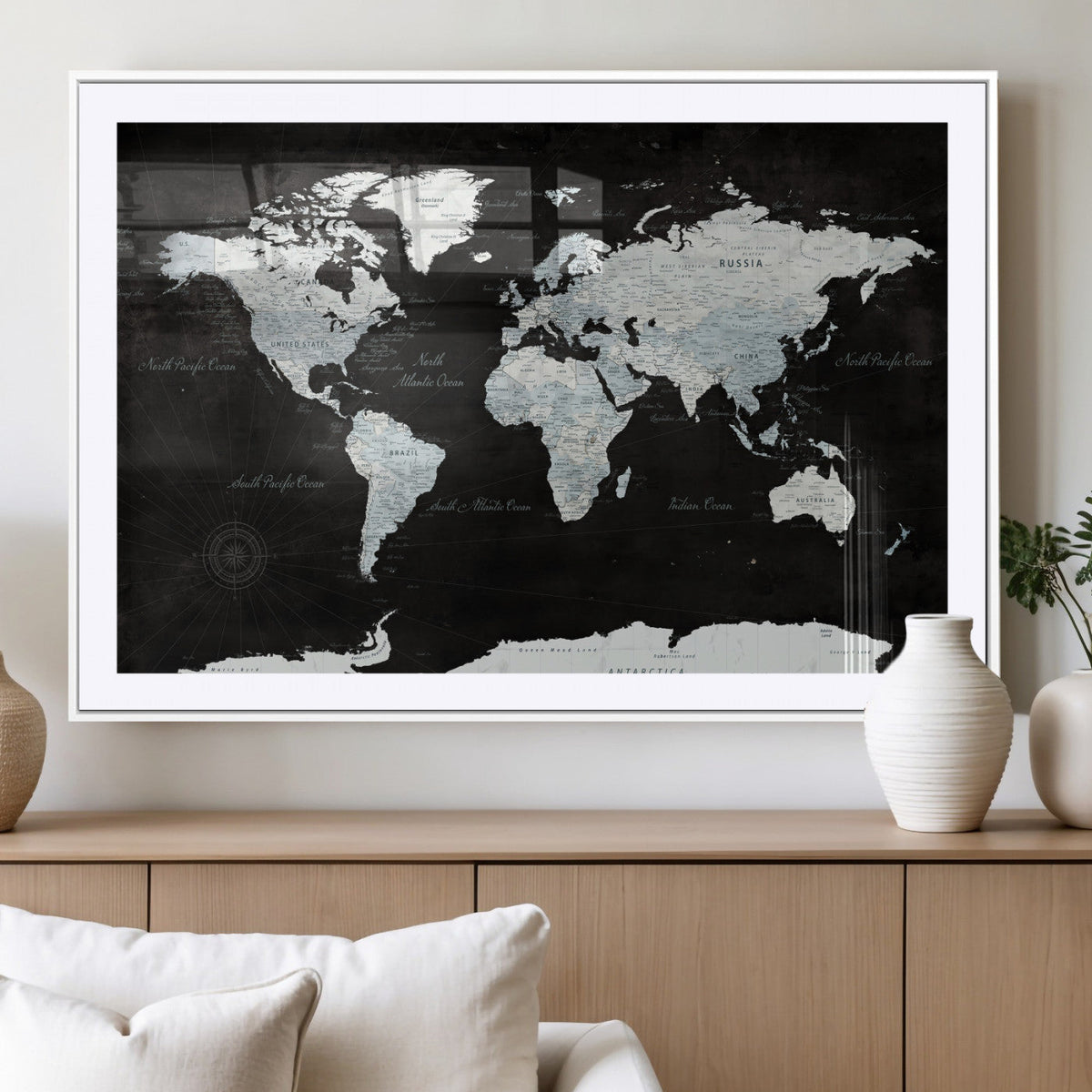 World Map Canvas Print – Framed Push Pin Wall Art, Color