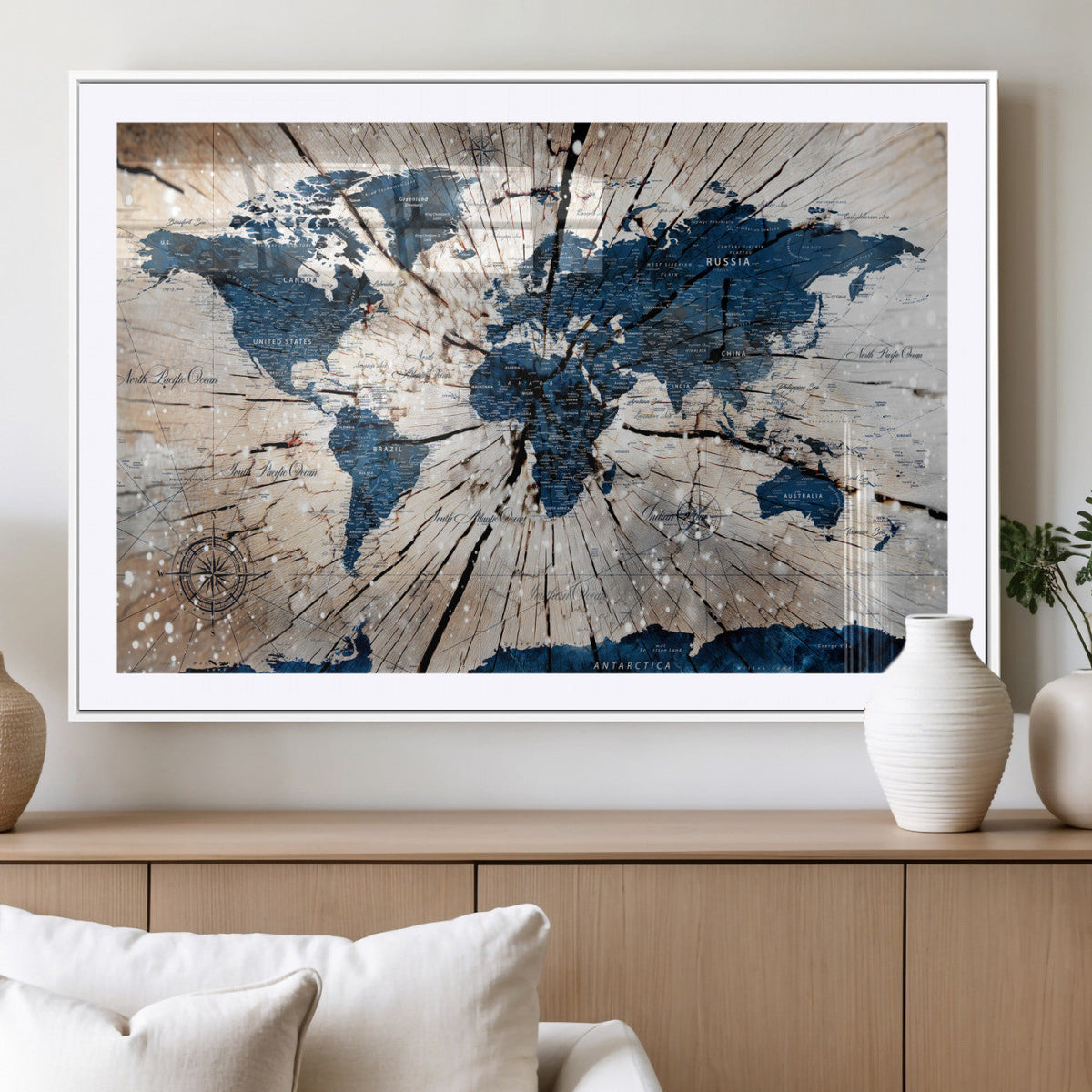 Rustic World Map Canvas Print – Framed Wall Art for Couples,