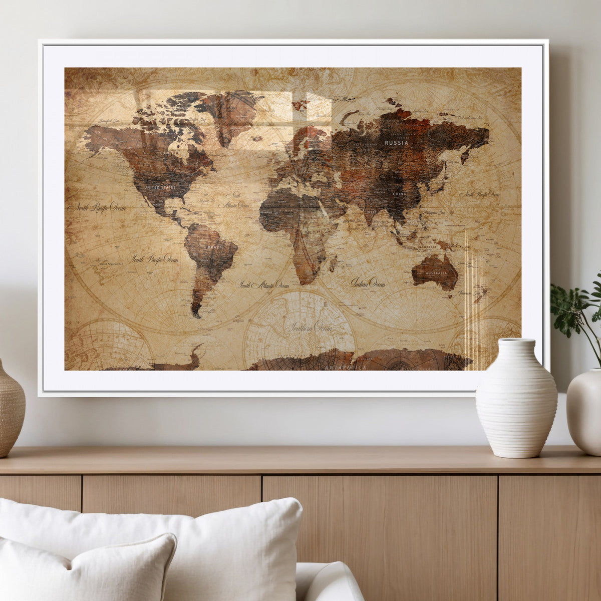 Modern Red and Gray World Map Canvas Print – Framed Wall Art