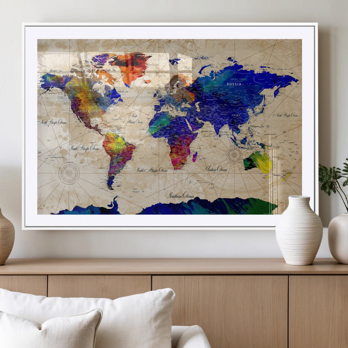 Watercolor World Map Canvas Print – Framed Wall Art for