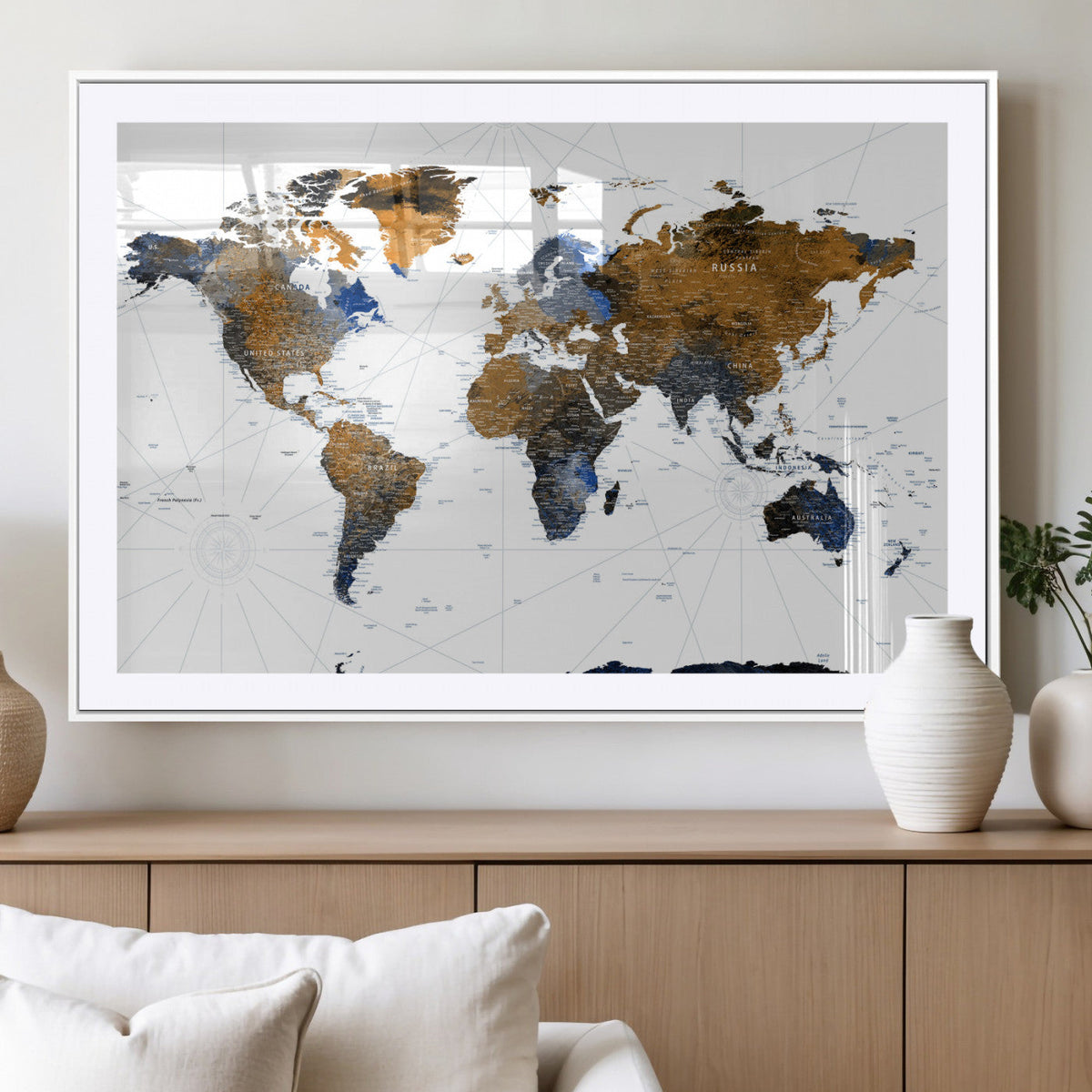World Map Wall Art Canvas Print, Modern Decorative Framed