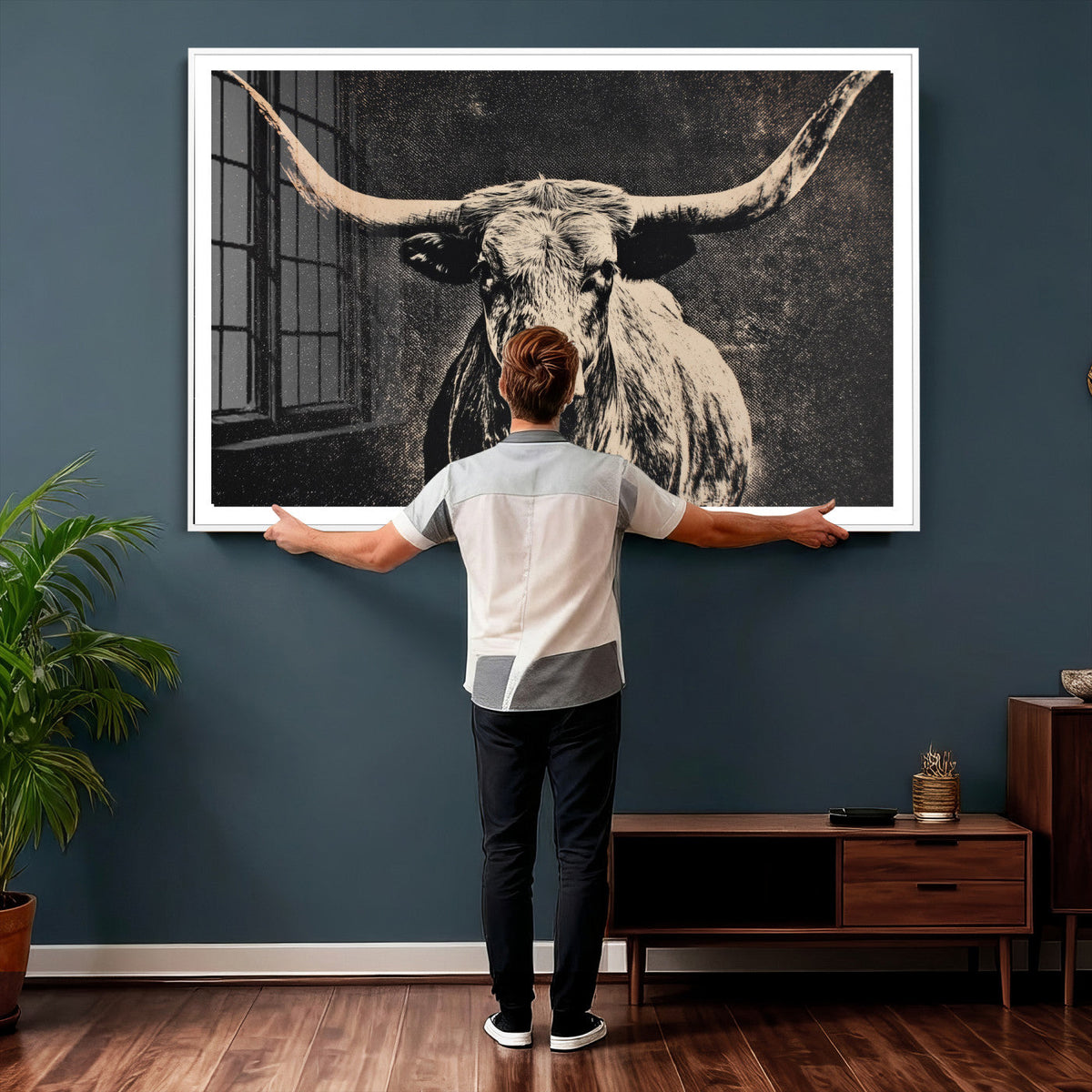 Vintage Texas Longhorn Bull Wall Art Canvas Print, Cow