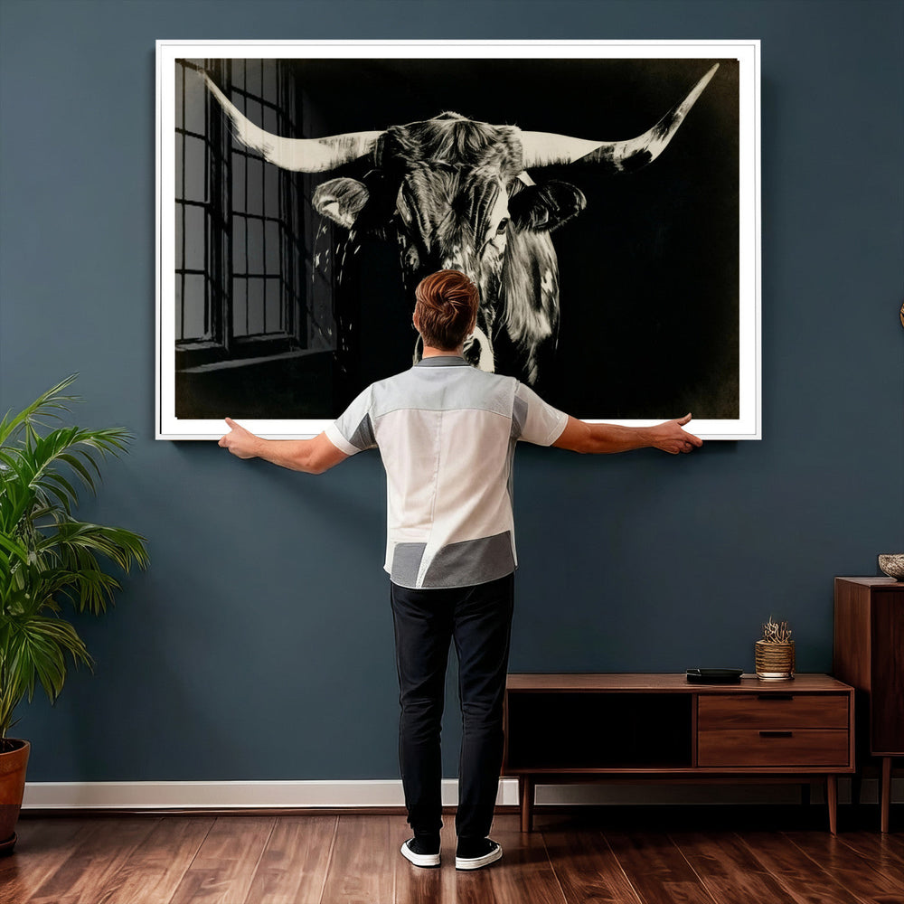Black Bull Wall Art Canvas Print, Texas Longhorn Portrait