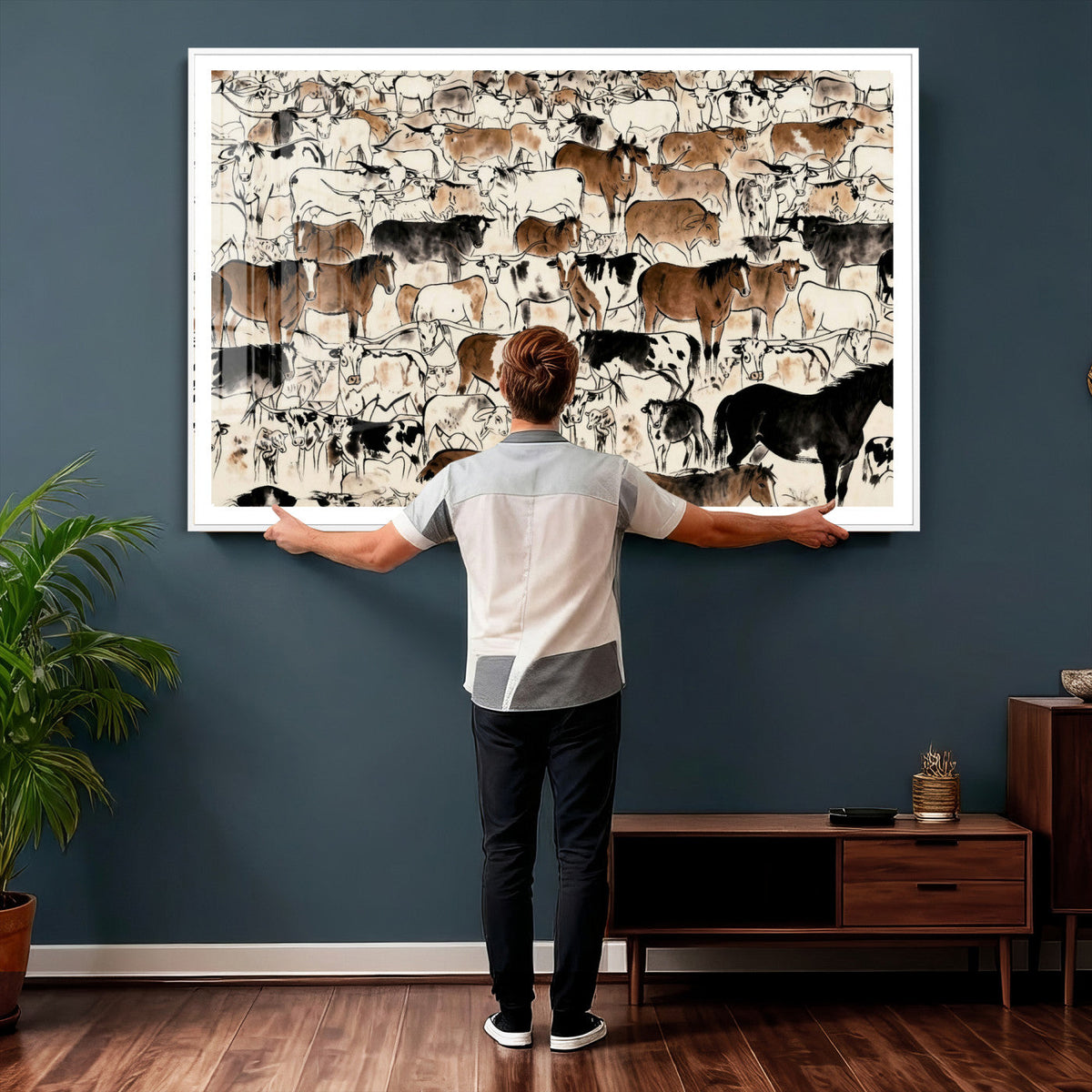 Farmhouse Animals Horse Longhorn Cow Wall Art Canvas Print -