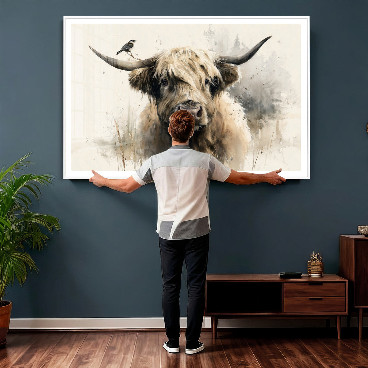 Abstract Highland Cow Wall Art Canvas Print, Rustic Farm