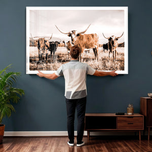 Texas Longhorn Cattle Wall Art Canvas Print, Sepia Western