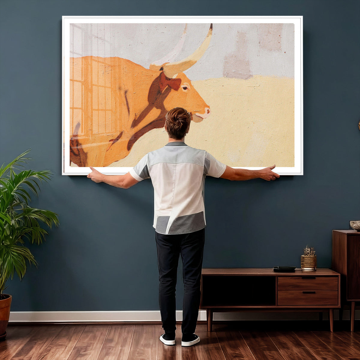 Minimal Longhorn Bull Wall Art Canvas Print, Neutral Western