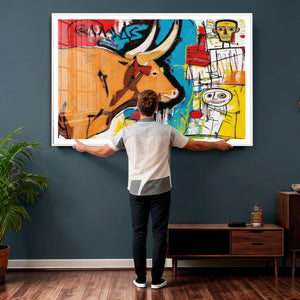 Basquiat Style Bull Graffiti Wall Art Canvas Print, Street