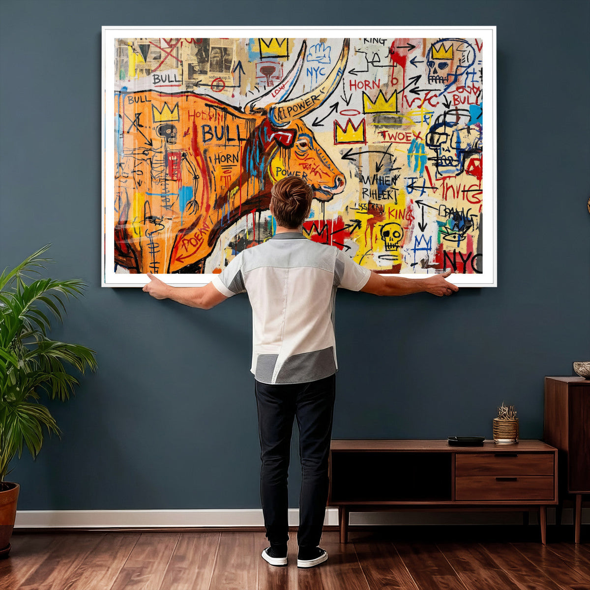 Basquiat Style Bull Graffiti Wall Art Canvas Print, Street