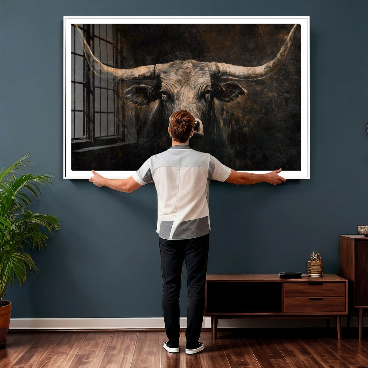 Vintage Longhorn Bull Wall Art Canvas Print – Rustic Western