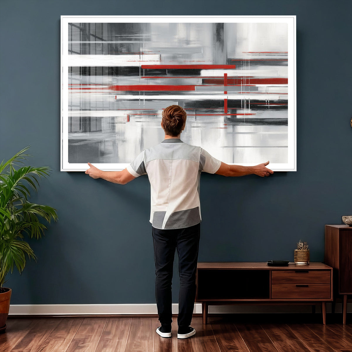 Gray Red Abstract Wall Art Canvas Print, Modern Abstract