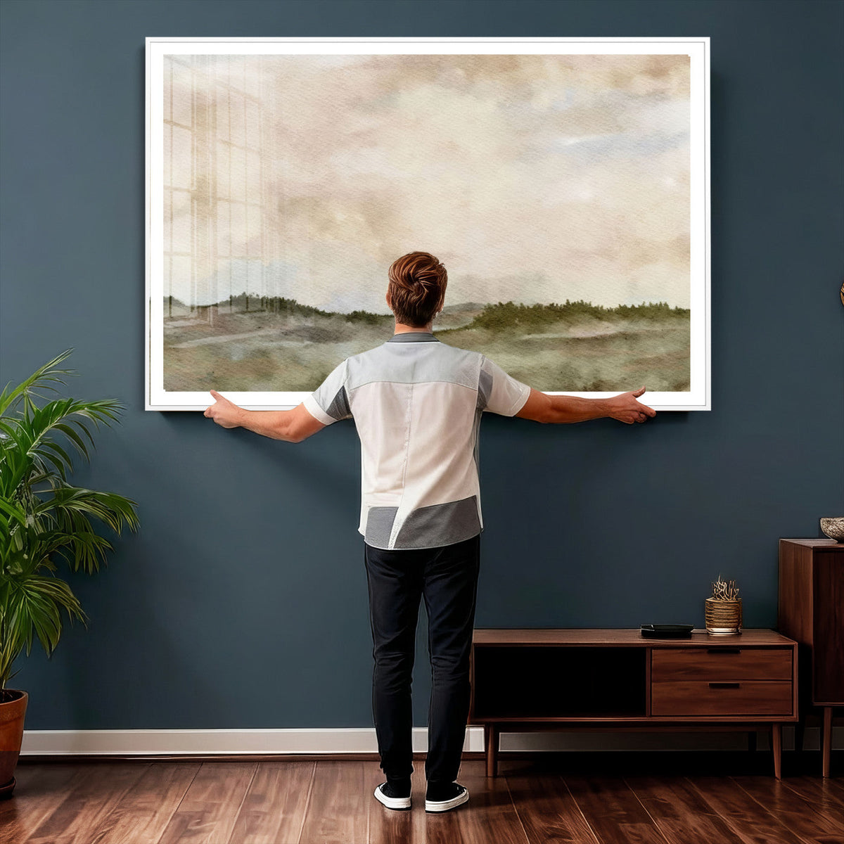 Muted Watercolor Hill Landscape Print — Beige Taupe Cloudy