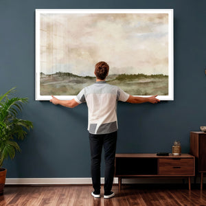 Muted Watercolor Hill Landscape Print — Beige Taupe Cloudy