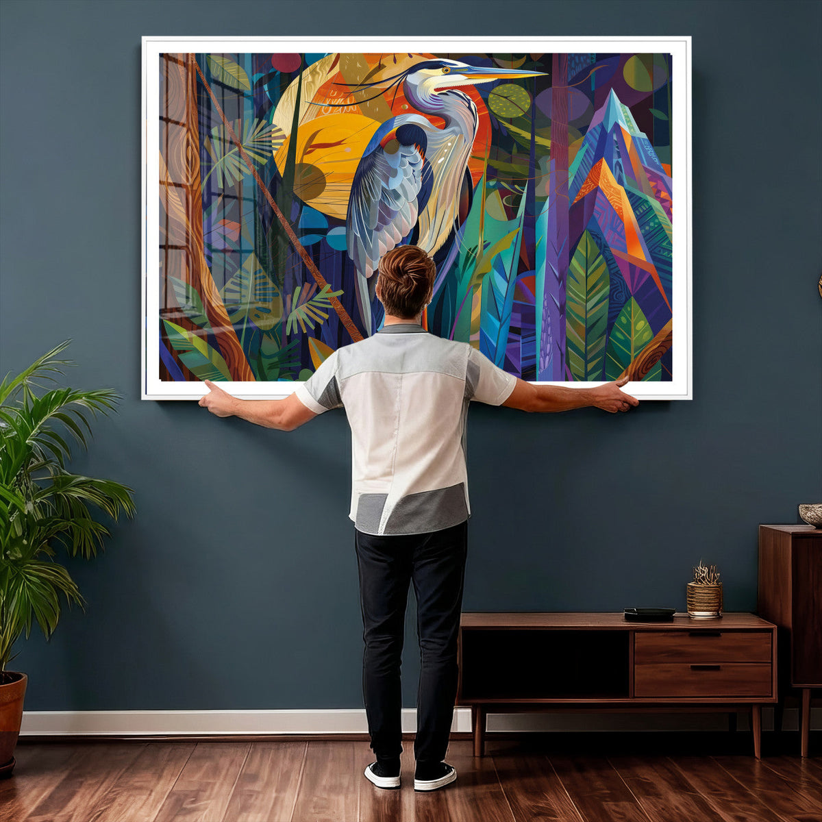 Colorful Heron Wall Art Canvas Print Tropical Bird Abstract