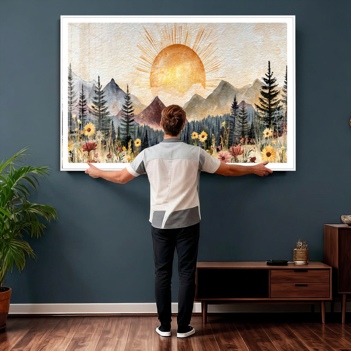 Boho Mountain Landscape Large Wall Art, Horizontal Gold