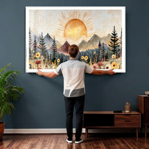 Boho Mountain Landscape Large Wall Art, Horizontal Gold
