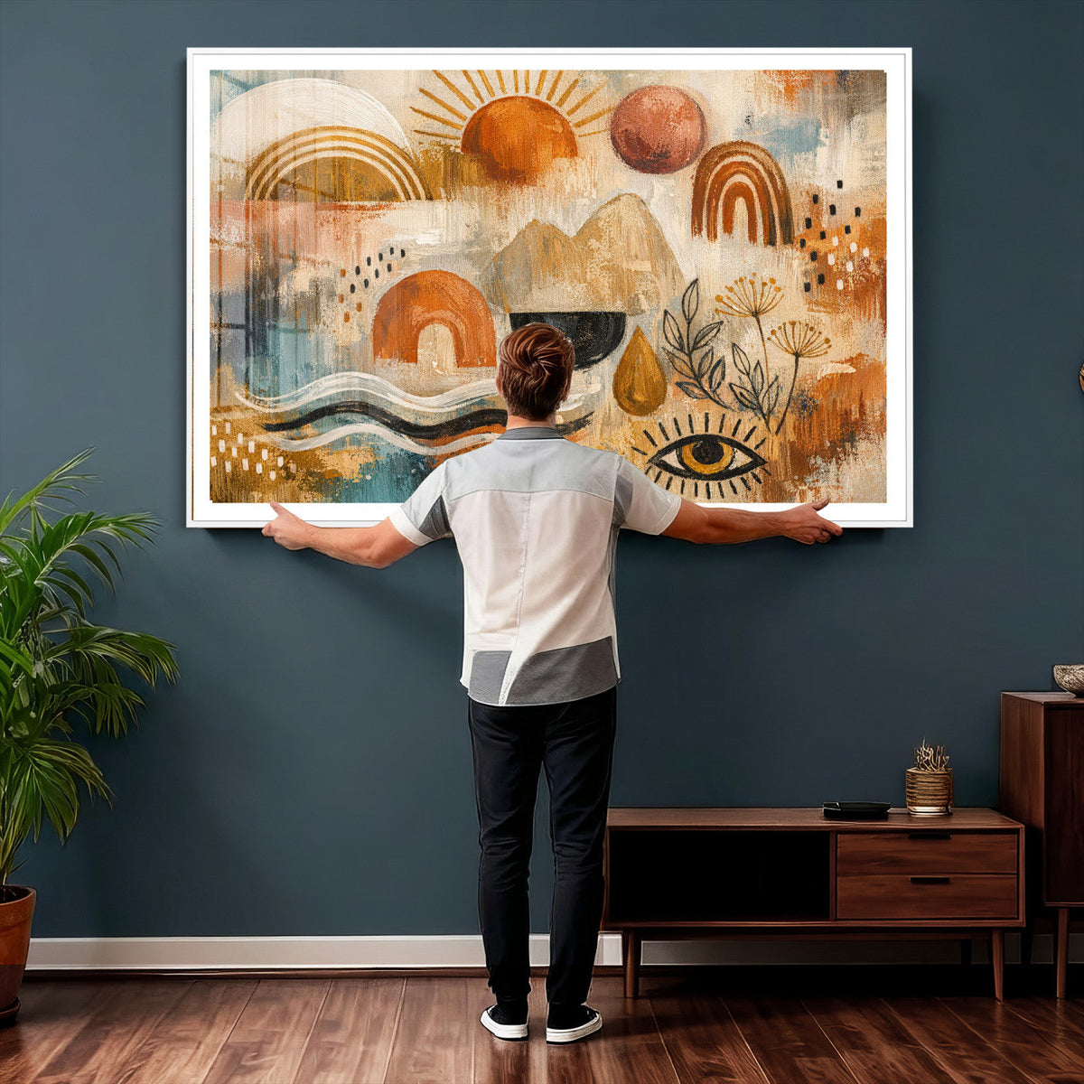 Geometric Boho Abstract Wall Art Canvas Print, Orange Blue