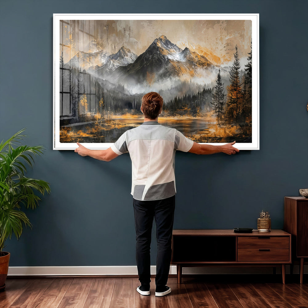 Mountain Lake Canvas Wall Art — Rustic Forest Landscape