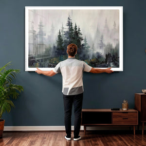 Misty Pine Forest Oil Painting Canvas — Dark Moody Teal Grey