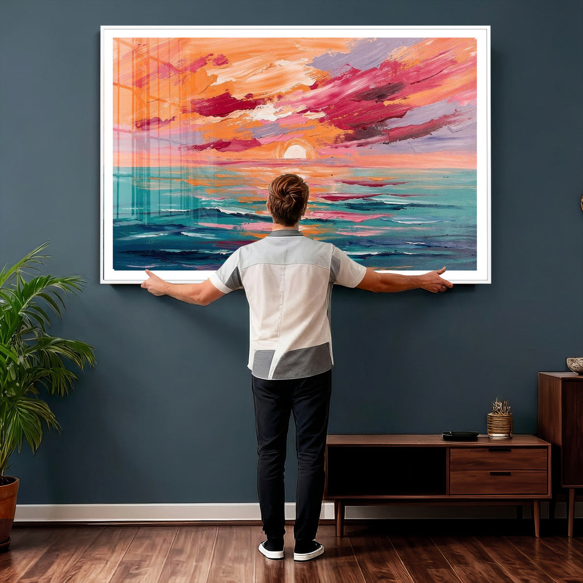 Bold Palette Knife Ocean Sunset Canvas — Orange Pink Teal