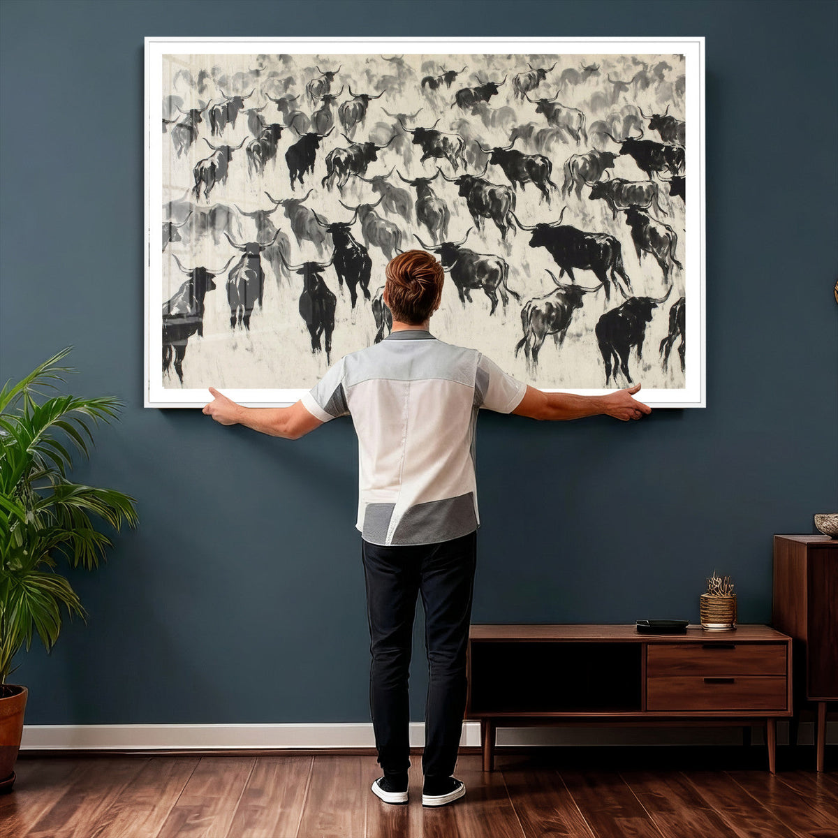 Longhorn Cattle Canvas Wall Art, Black White Stampede Ink