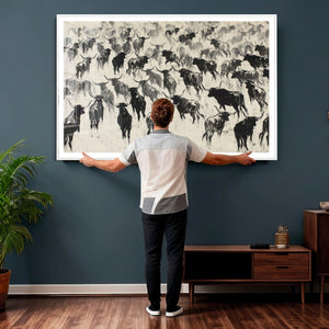 Longhorn Cattle Canvas Wall Art, Black White Stampede Ink