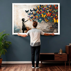 Banksy Graffiti Butterfly Girl Wall Art Canvas Print, Framed