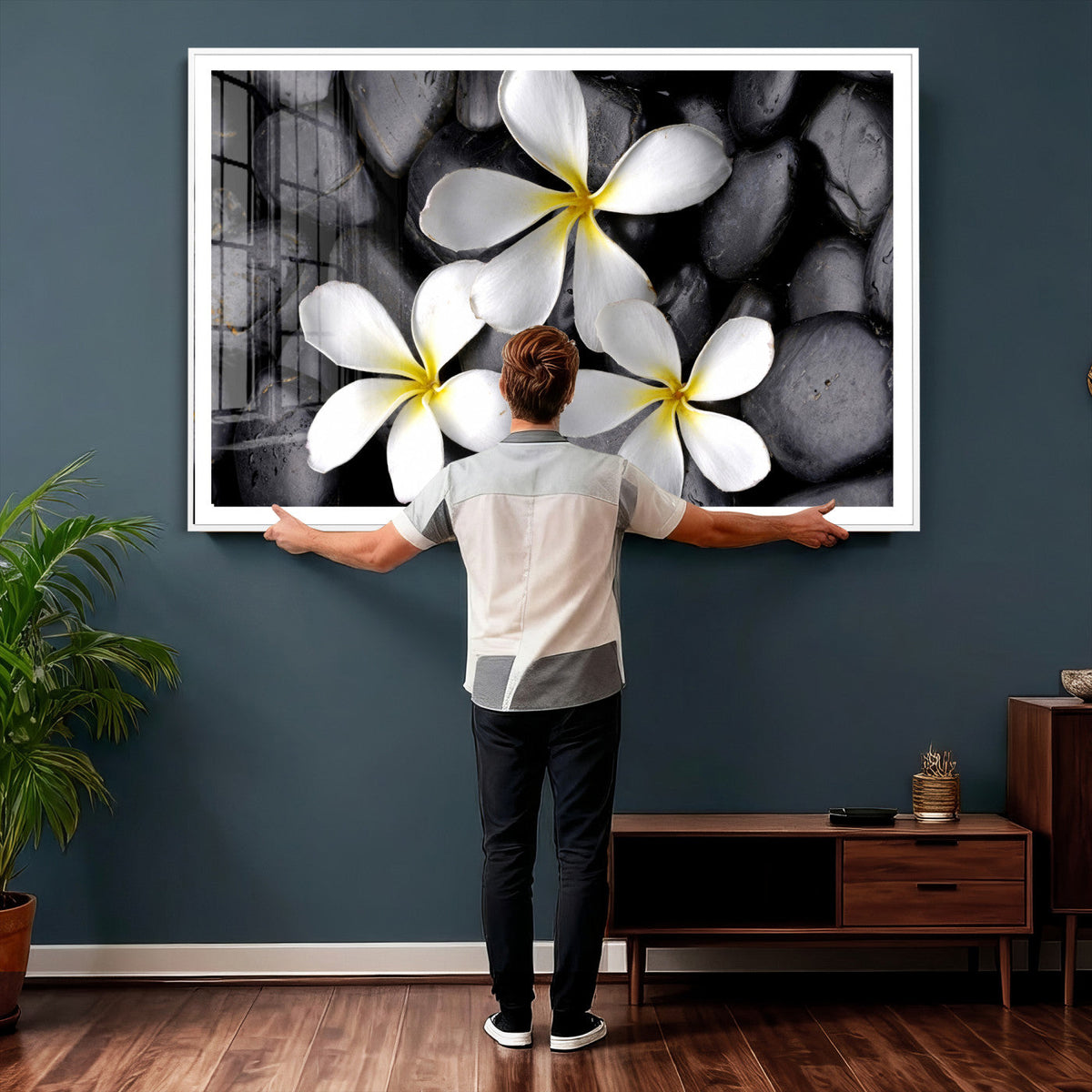 Plumeria Frangipani Black Stone Canvas | White Flower Spa