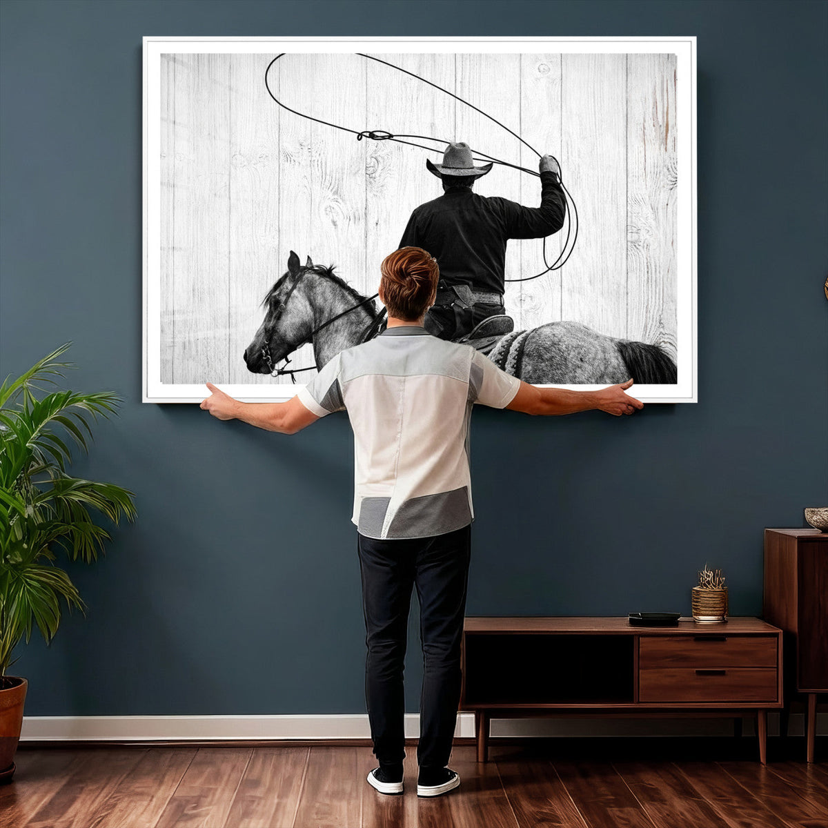 Cowboy Lasso Canvas Wall Art, Black White Western Horse