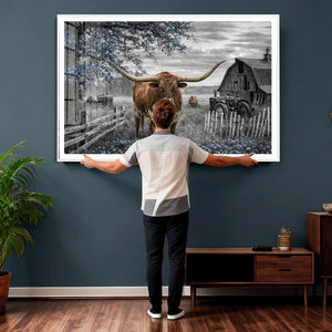 Texas Longhorn Canvas Wall Art, Rustic Farm Barn Bluebonnet