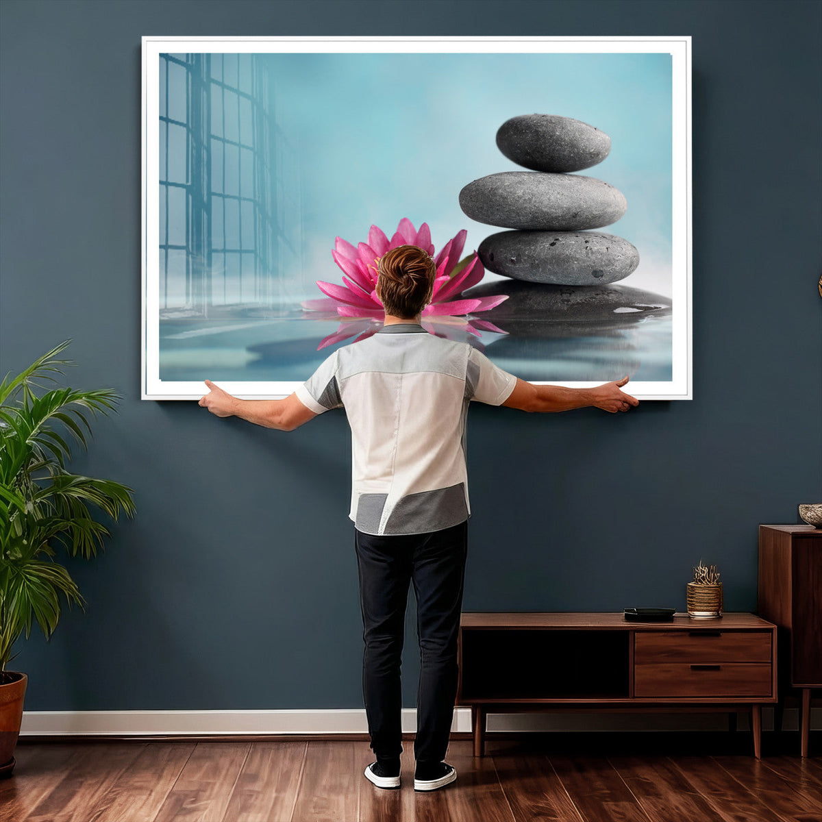 Zen Canvas Wall Art Lotus Flower Stacked Stones Teal Spa