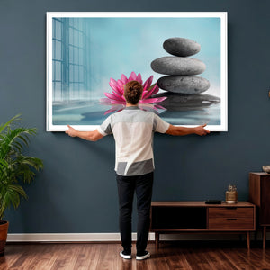 Zen Canvas Wall Art Lotus Flower Stacked Stones Teal Spa