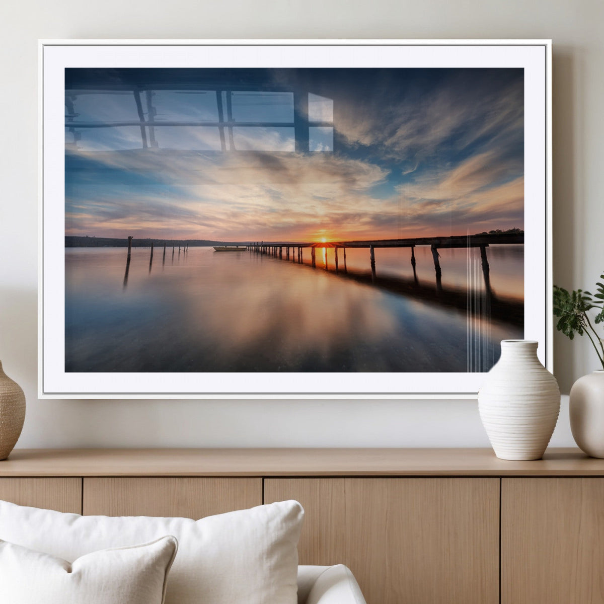 Wooden Pier on Seascape and Sunset Wall Art Canvas Print