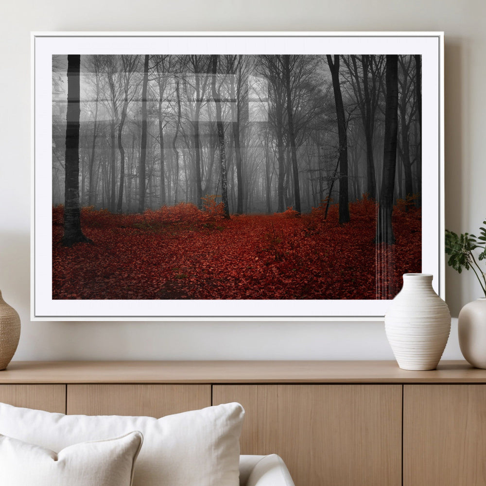 Red Forest Floor Canvas Wall Art – Mystical Foggy Woodland