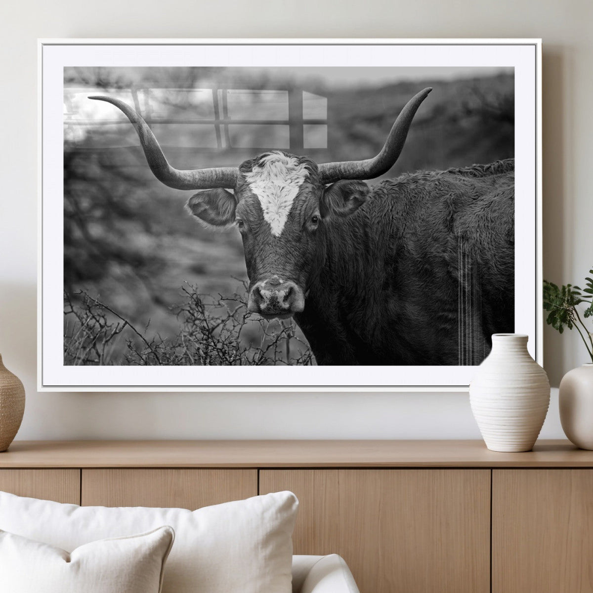 Western Home Wall Art Canvas Print, Framed Texas Longhorn