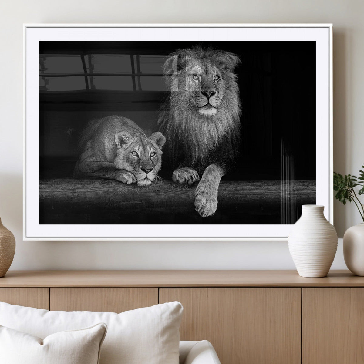 Large Black and White Lion Couple Wall Art Canvas Print –