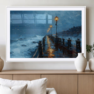 Stormy Night at Beach Pier Oil Painting Large Wall Art