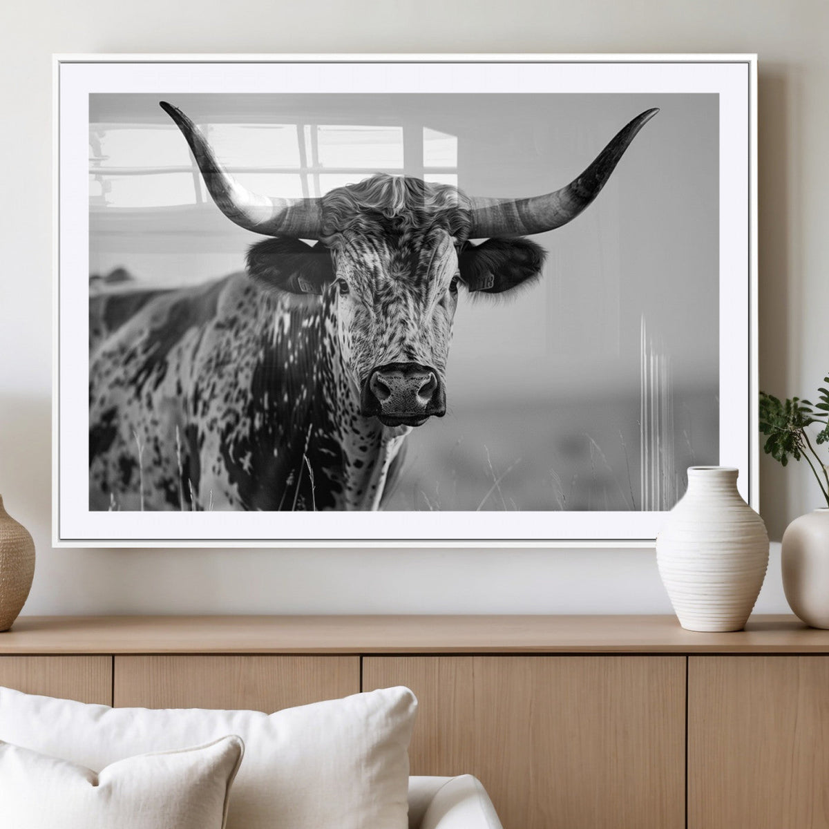 Texas Highland Cow Longhorn Canvas Print - Rustic Farmhouse