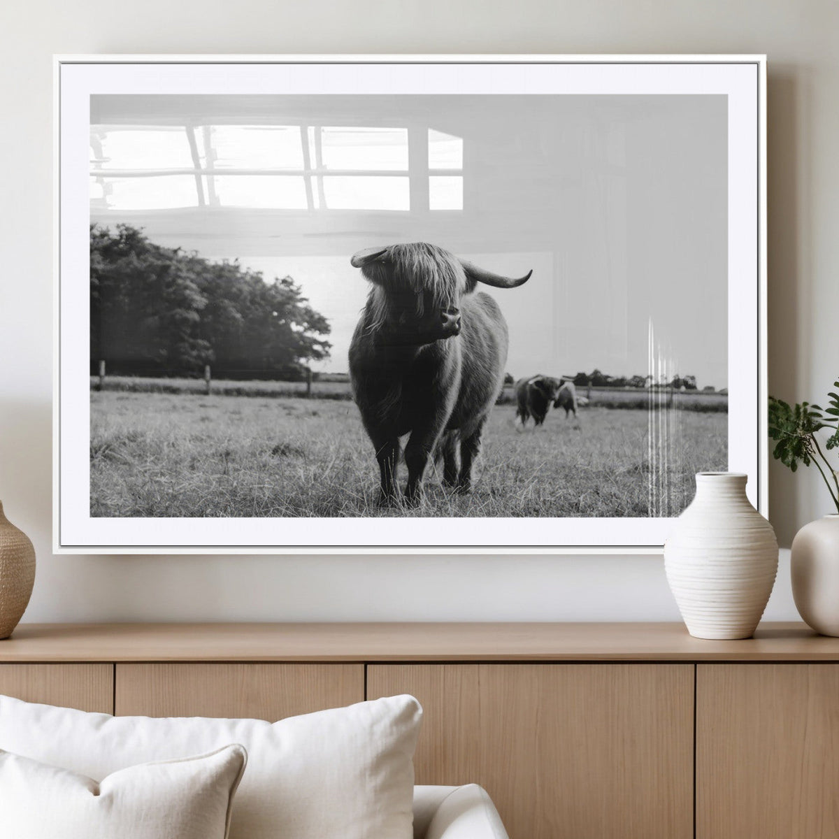 Black and White Highland Cow Wall Art Canvas Print | Rustic