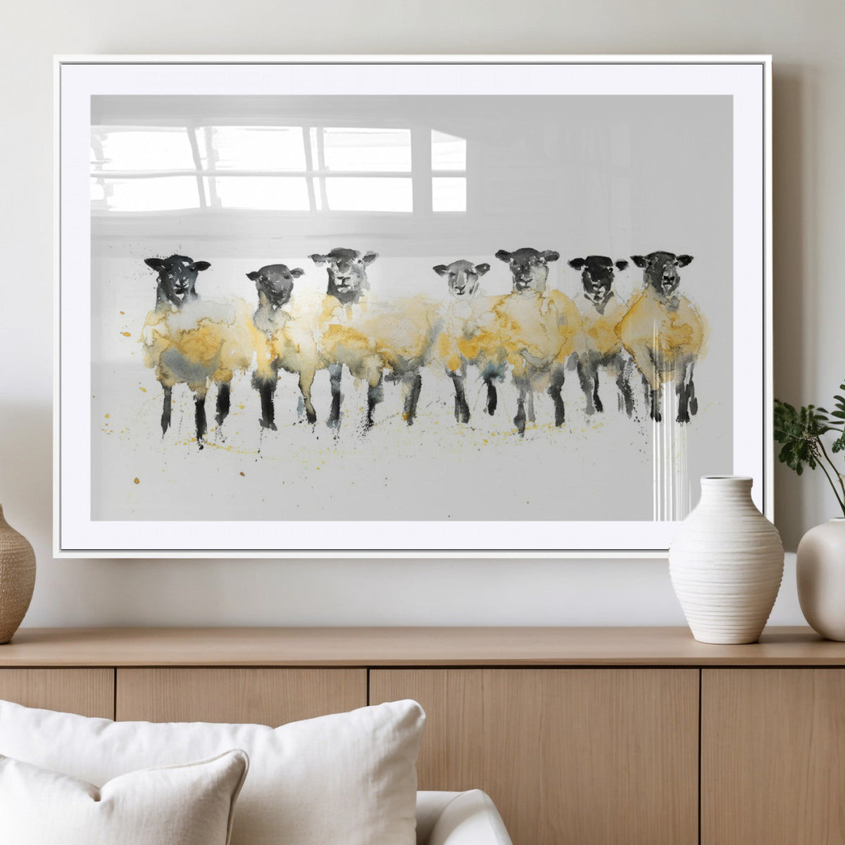 Farmhouse Wall Art Sheep Print | Ready to Hang Framed Canvas
