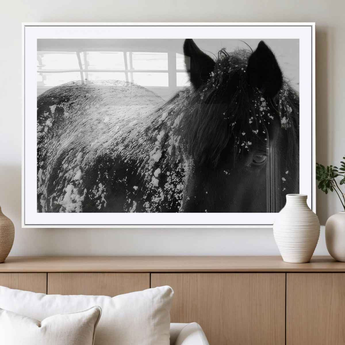 Black Horse in Snow Canvas Print | Winter Horse Wall Art |