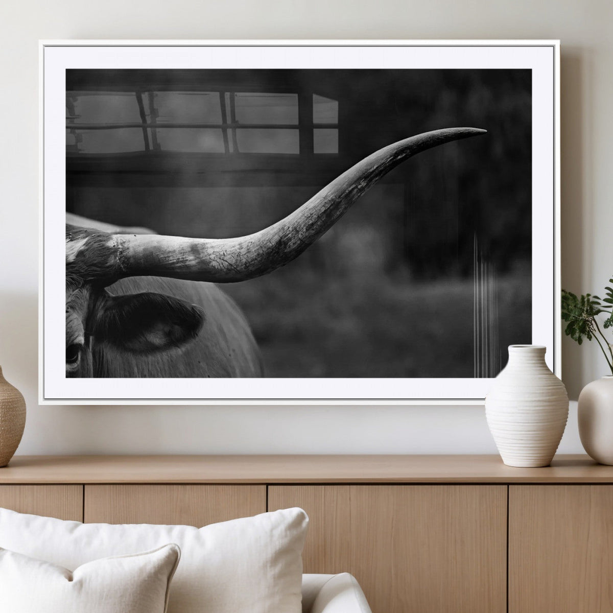 Cow Longhorn Wall Art | Black and White Print | Ready to