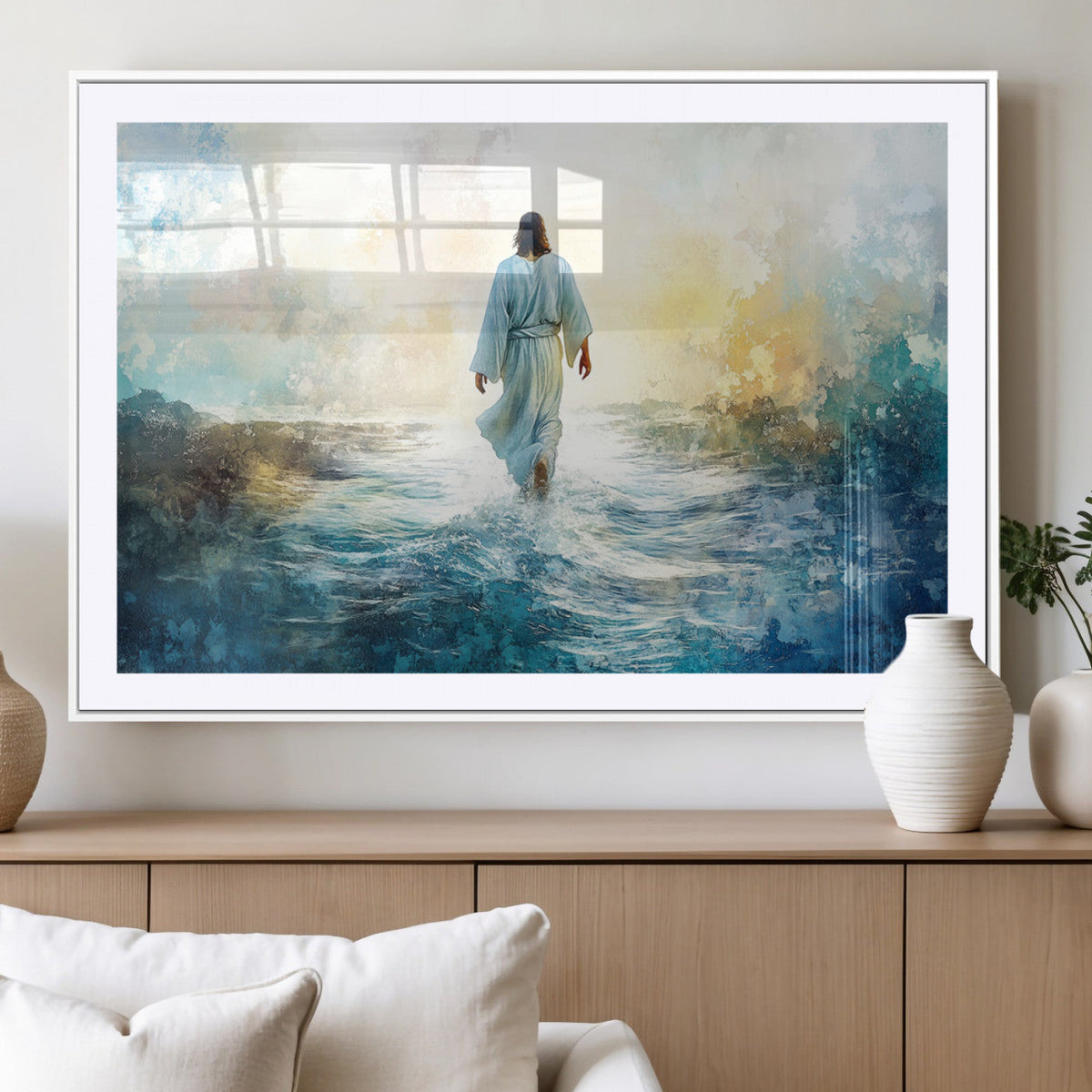 Watercolor Jesus Walking on Water Canvas Print, Christian