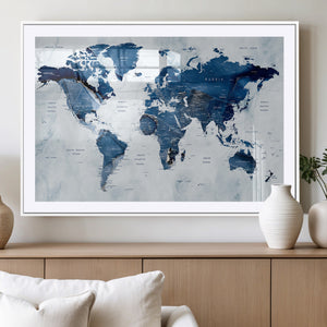 Modern Blue World Map Canvas Print – Framed Wall Art,
