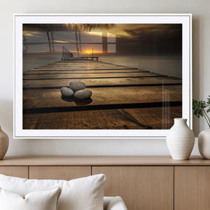 Stones on Wooden Pier at Sunset Canvas Print, Serene Coastal