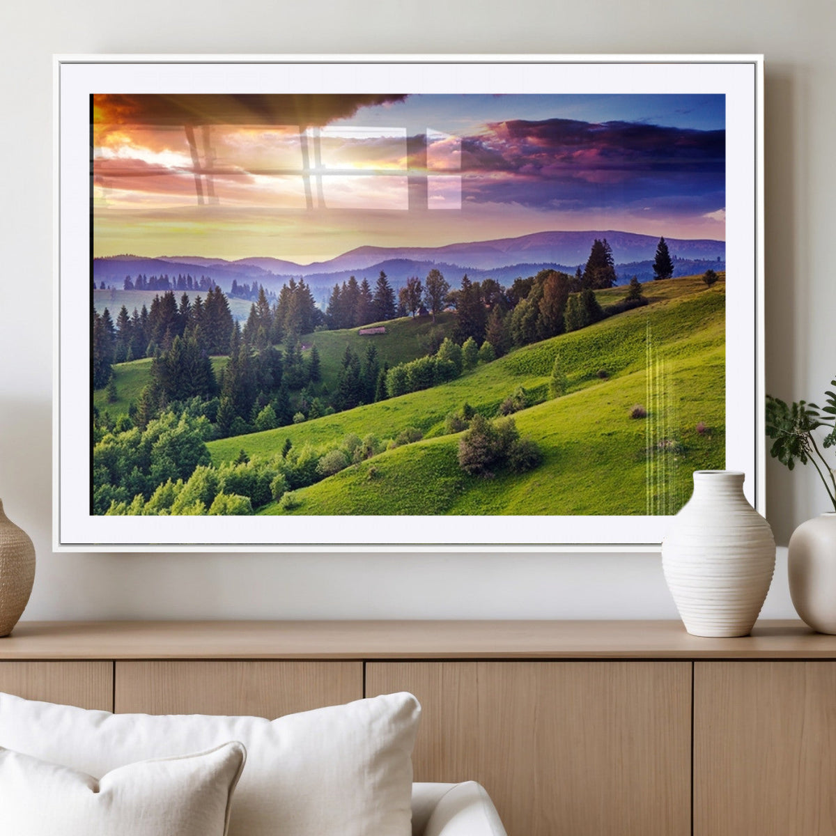 Green Hills and Sunset Wall Art Print - Scenic Landscape