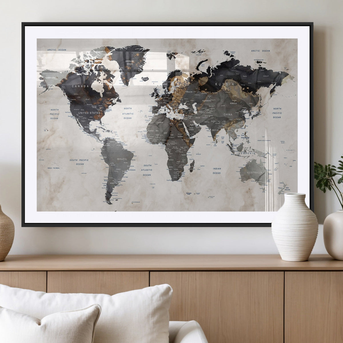 Abstract Map Printing - Modern World Map Canvas Wall Art for