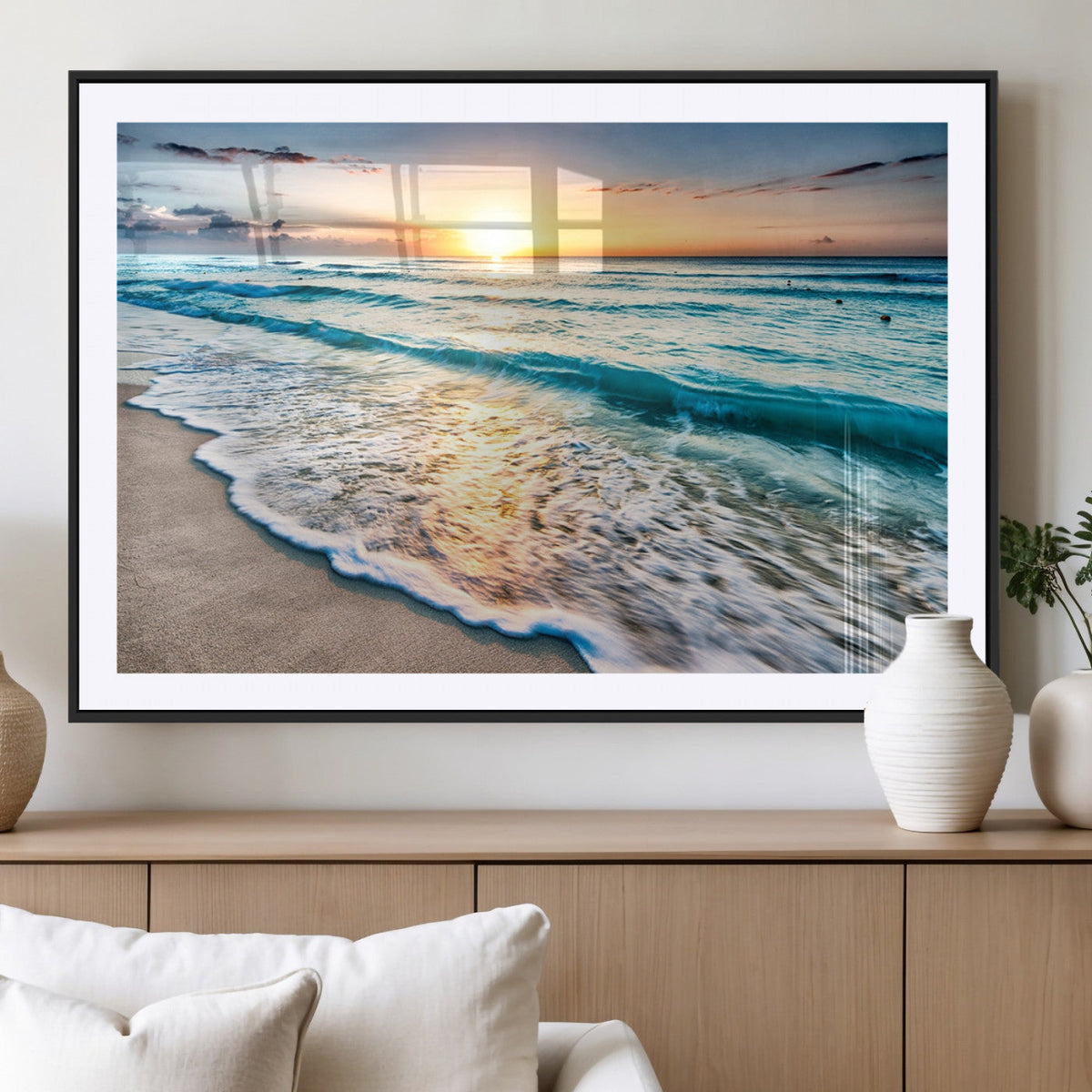 Sunset Beach Waves Canvas Wall Art – 5-Panel Ocean Sunset