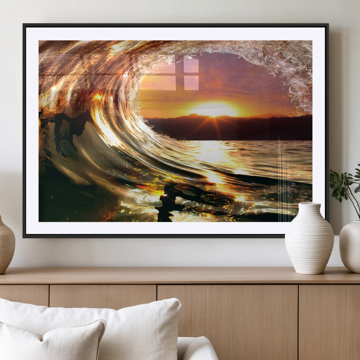 Golden Wave Sunset Triptych Canvas Art, Giclee Canvas Print